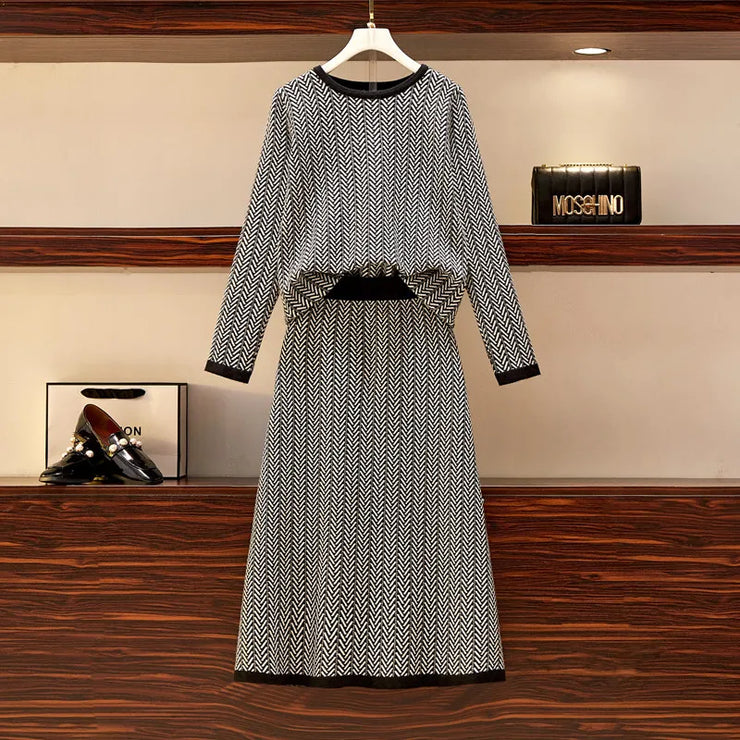 High Quality New Autumn Winter 2 Piece Set Women Knitted Striped  Sweater Skirt Suit Long Sleeve Knit Pullover A-line Skirt Sets