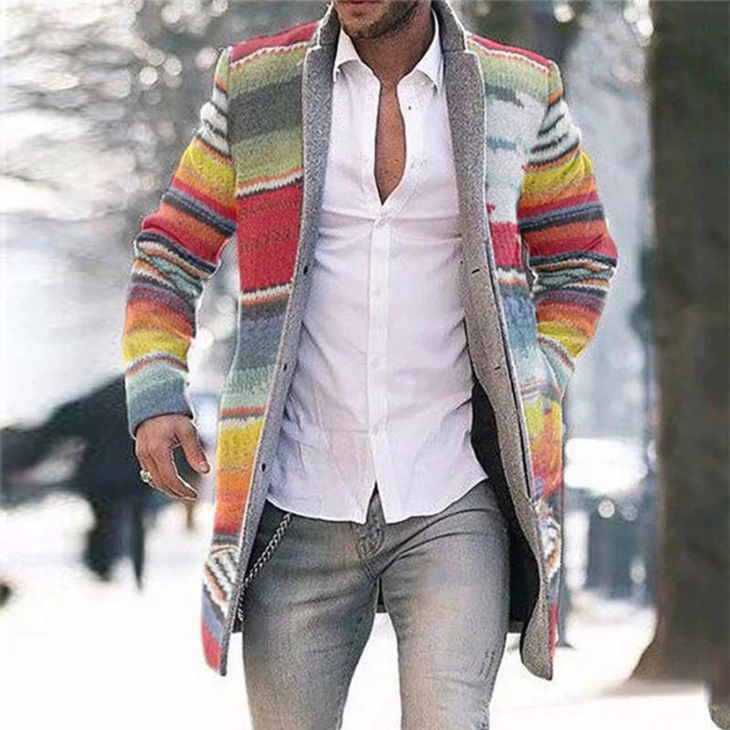 Men's Medium Long Cardigan Hoodie Stripe Print Windbreaker Long Sleeve Coat Button Lapel Knitting Men's Coat Spring And Autumn