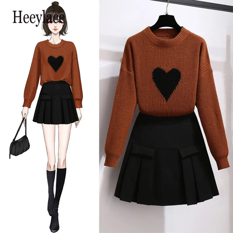 Korean Pretty Autumn 2 Piece Set Women's Set knitted Sweater And Black Pleated Skirt Set 2 Pieces Outfits Women Matching Set