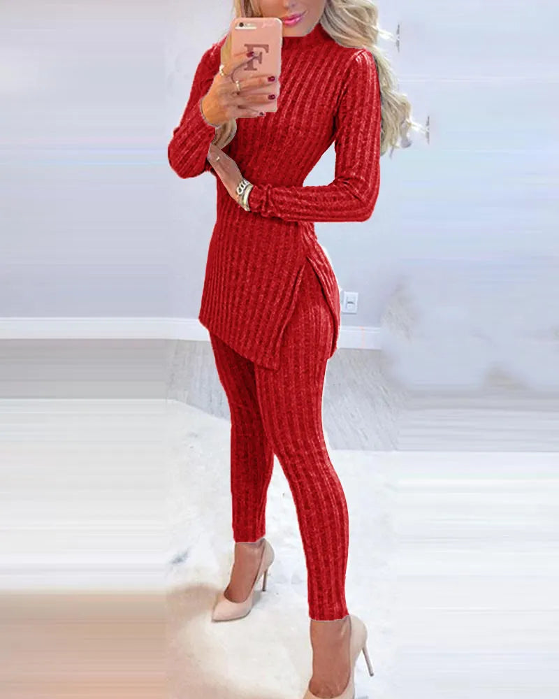 2021 Fall Winter Knitted 2 Piece Suits Women Long Sleeve Ribbed Slit Long Top and High Waist Pencil Pants Set Fashion Outfit