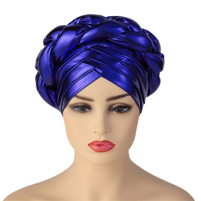 Glitter Metallic Fabric Braids Turban Cap for Women Elegant Pleated African Aso-oke Head Ties Ready Nigeria Auto gele Headwrap
