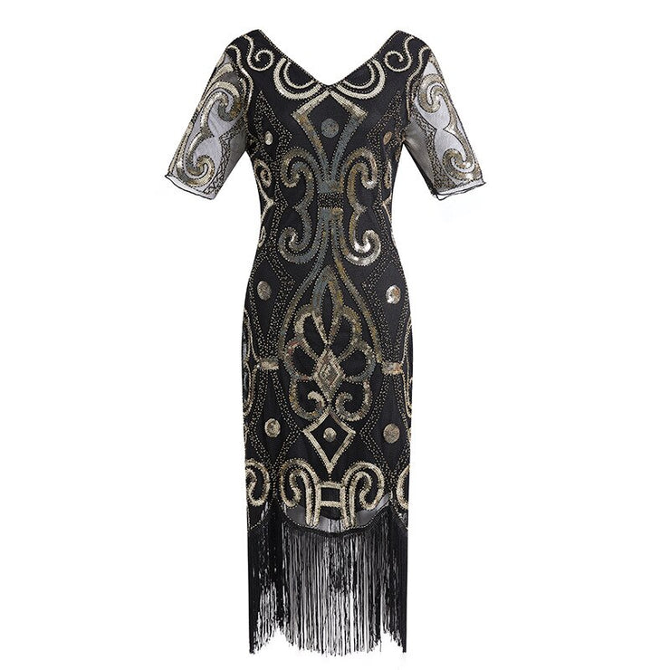 Women Vestidos Black Vintage 1920s Flapper Great Gatsby  Beaded Dress Stunning Shortsleeve V Neck V Back Sequin Party Dress