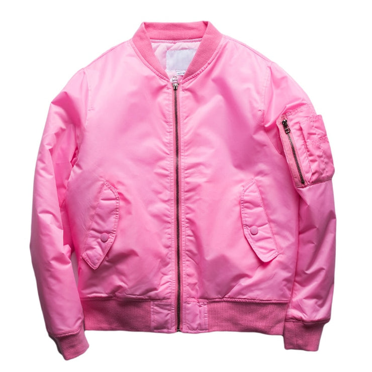 Mens Pink Bomber Jacket Padded Aviator Jackets Zippered Sleeve Pocket Stand Collar Baseball Jacket Military Style Pink  Coat