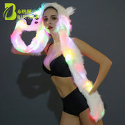 LED Faux Fur Hat Light Up Hood Animal Hat Wolf Plush Warm Animal Cap with Scarf Gloves Halloween Christmas Party Novelty Hats