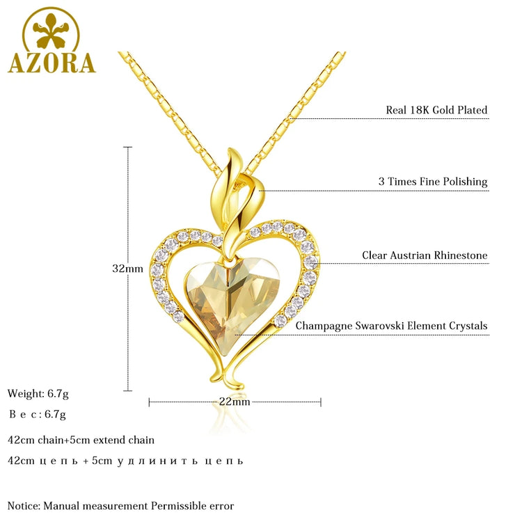 AZORA Long Link Chain Heart Austrian Crystal Gold Color Heart Pendant Necklace for Valentine's Day Gift of Love TN0204