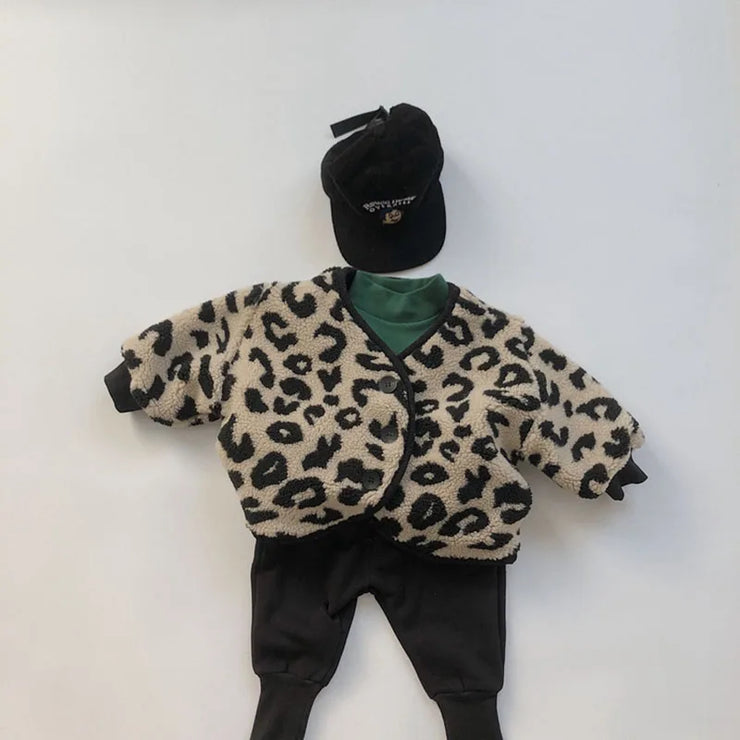 1-7T Toddler Kid Baby Boys Girls Winter Clohtes Leopard Print Jacket Fashion Fleece Warm Coat Cute Sweet Infant Clothing Outwear