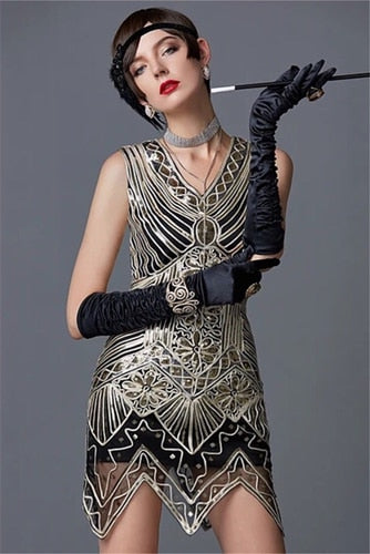 Women's 1920s Sequin Beaded Tassels Hem Flapper Dress Sleeveless Gold Thread Embroidery Fringe Great Gatsby Party Dress