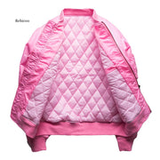 Mens Pink Bomber Jacket Padded Aviator Jackets Zippered Sleeve Pocket Stand Collar Baseball Jacket Military Style Pink  Coat