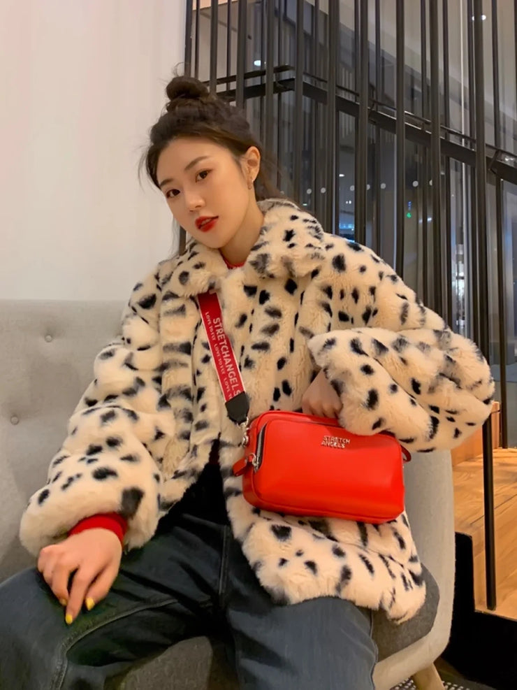 Plush jacket women winter short 2021 new Korean version of loose lamb wool faux fur leopard print fur coat women winter