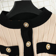 New Autumn Women's Knitted 2 Piece Set Chic Office Ladies Single Breasted Pearl Buttons Cardigan Sweater+Pleated Long Skirt Suit