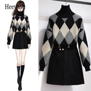 Fall winter Warm 2 Pieces Sets Womens Outfits Korean Woolen Knitted Plaid Turtleneck Sweater And Black Skirts Suits Ropa Mujer