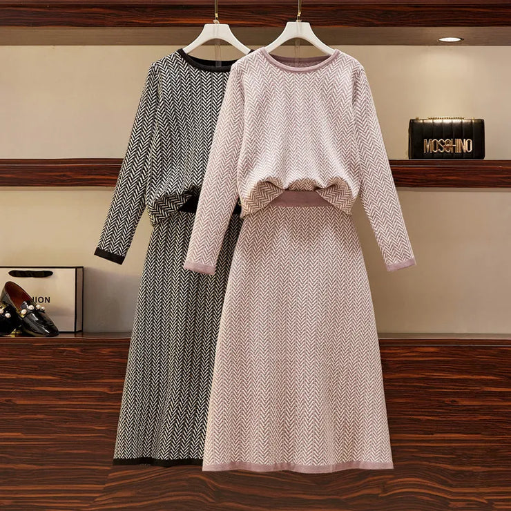 High Quality New Autumn Winter 2 Piece Set Women Knitted Striped  Sweater Skirt Suit Long Sleeve Knit Pullover A-line Skirt Sets