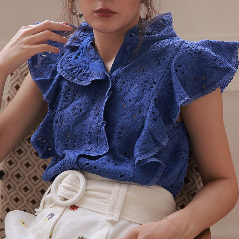 Spot Goods French style Niche 23 Summer Retro Pure Cotton Embroidery Hollow Stand Collar Asymmetric Lotus Leaf Flying Sleeves Shirts