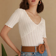 In Stock French Minority Same Style as Zhao RUSI's Knitted Jacquard Shirt V-neck Petal Collar Short-Sleeved Slim-Fit T-shirt