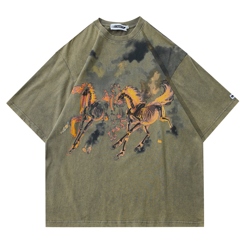 Retro Flame Horse Hip Hop T-shirt