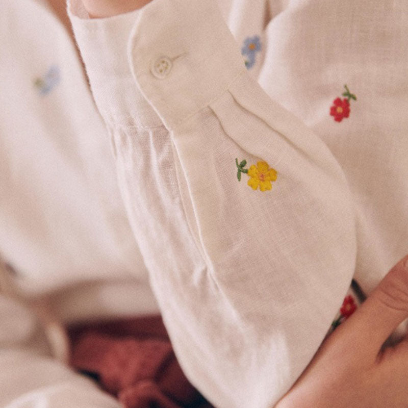 Idyllic Minimalist Cotton and Linen Long Sleeve Straight Shirt Embroidery