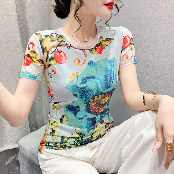 2023 Summer New Fashion Printed Short-Sleeved Top Women's Slim Youthful Chic All-Matching Western Style Mesh T-shirt Trendy