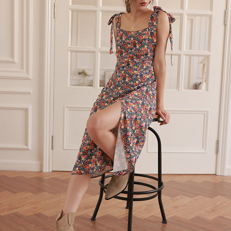 Spot Goods French style Niche 23 Retro Hoh Xil Holiday Style Floral Lace-up Slim fit Slit Sling Dress