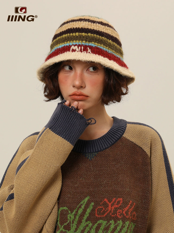 Women's Autumn and Winter Warm Retro Contrast Color Striped Hat