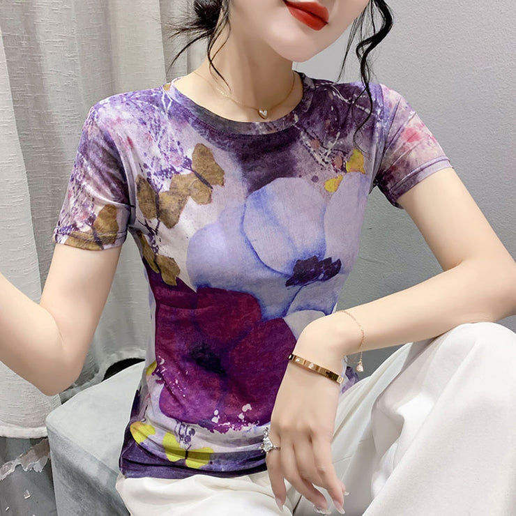 2023 Summer New Fashion Printed Short-Sleeved Top Women's Slim Youthful Chic All-Matching Western Style Mesh T-shirt Trendy
