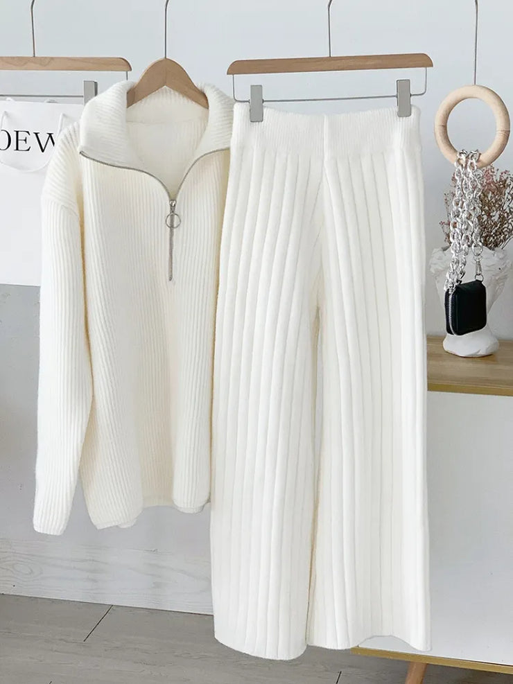 Autumn and Winter Zipper Sweaters Set Thickening Warm Knitted High Waist Women Pants Suit White Elegant Two Piece Set for Women