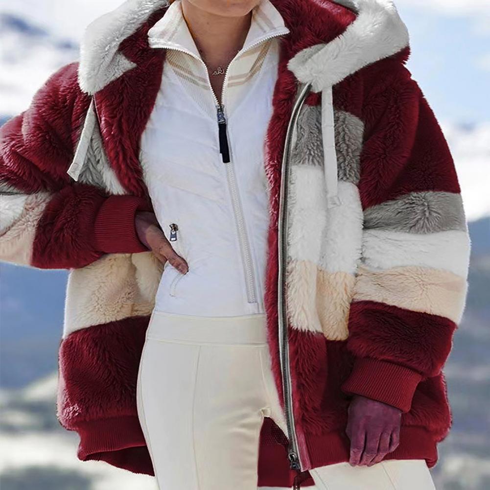 Women Winter Coat Color Block Long Sleeves Zipper Cardigan Loose Furry Warm Plush Plus Size Lady Jacket Winter Clothes
