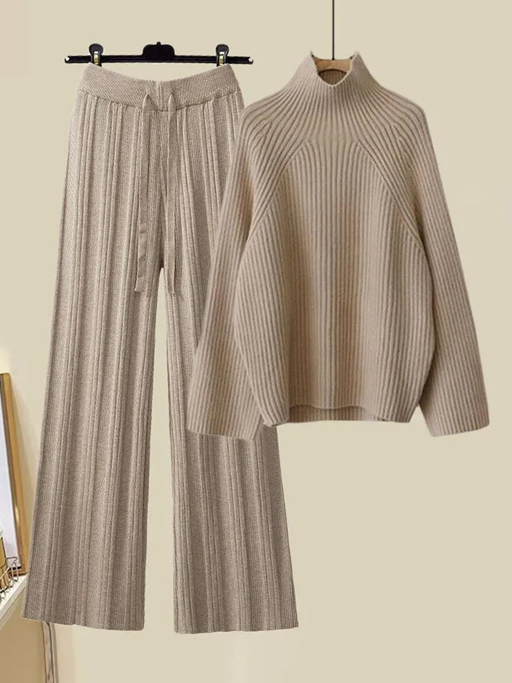 Autumn Winter Knitting 2 Piece Set Women Outfit For Women Elegant Korea Casual Pullover Sweater+ High Waist Knitted Pant Suit