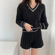 Autumn Winter 2 Pieces Women Sets Knitted Ensemble Femme Casual Tracksuit V-neck Sweater Top And Shorts Suits Y2k