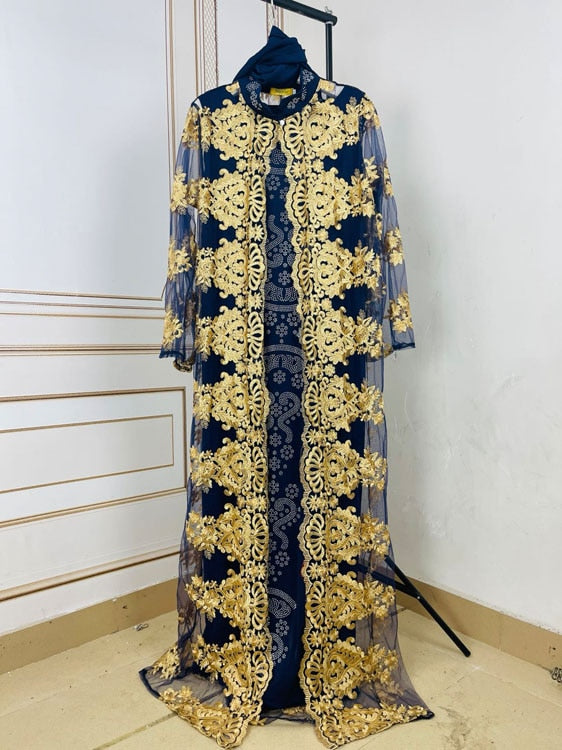 African Party  Lace Embroidered Coat And  Pressed Diamond Pattern Long Dress With Scarf  For Lady (LSCP#)