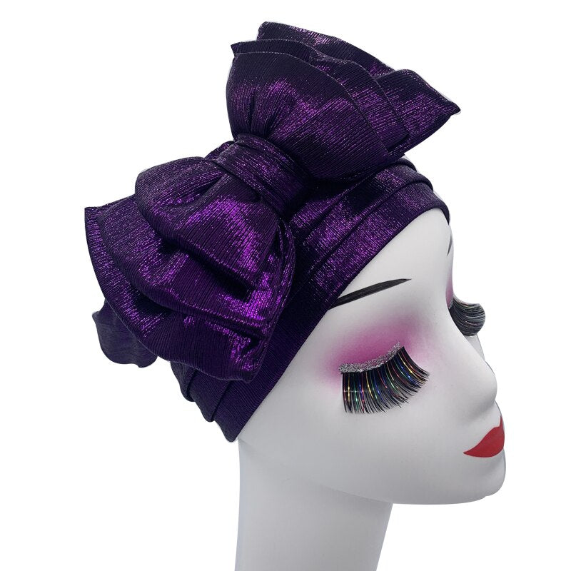 Shinning Multi-layer Bowknot Turban Cap for Woman Fashion African Headtie Nigeria Wedding Turbans Hat Muslim Headwrap Bonnet