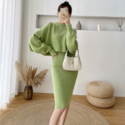 Fall Winter Long Sleeve Korean Knitted Vest Dress Suit Solid O-Neck Sweater Pullover Elegant Sling Dresses Women's 2 Pieces Set