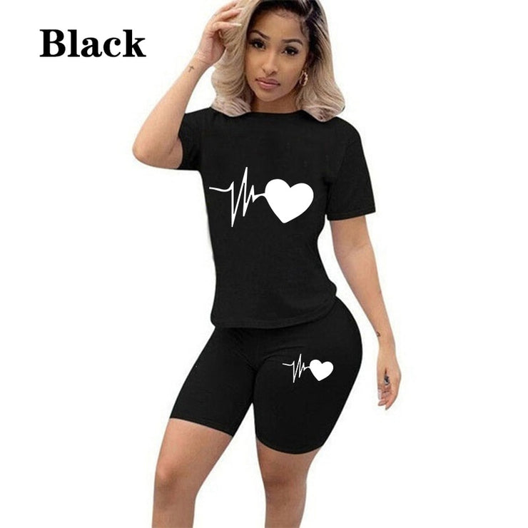Summer New Women Fashion Solid Color Print 2 Piece Sets Casual Sports Suit Short Sleeve T-shirt + Shorts S-3XL