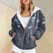 2023 Autumn Winter Women'S Jacket Hooded Flower Print Coat Female Casual Fleece Warm Zipper Coat Winter Over Coat For Women