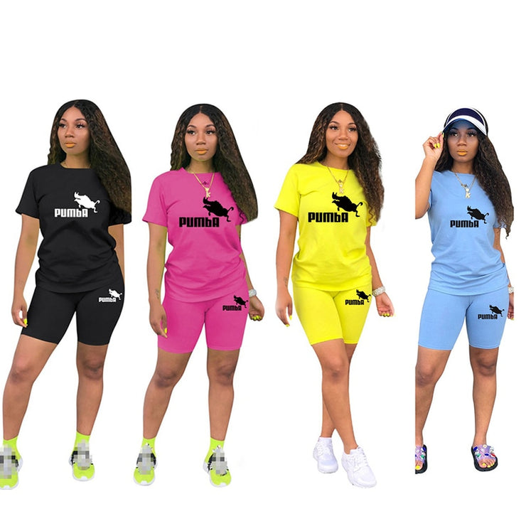 2023 Women Summer Sporty Set Two Piece O-Neck Tee Tops+Pencil Shorts for Gym Training Jogging Outfit Solid Color Print Logo