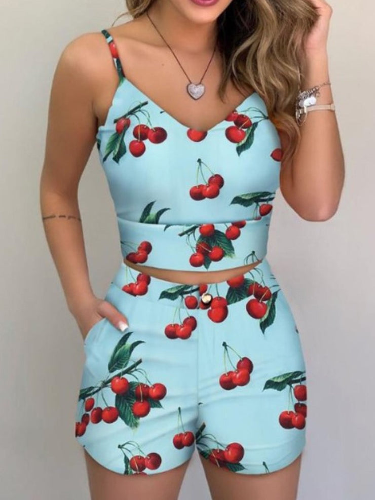 Print Spaghetti Strap Crop Top &amp; Short Sets Casual Summer 2 Piece Outfits for Women