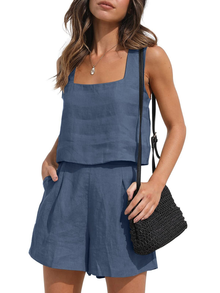 2023 Summer Sleeveless Top Tank Top Linen Women 2-Piece Casual Versatile Suit Shorts Daily Commuter Wear Solid Color Clothing