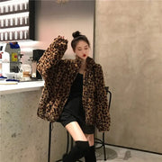 Autumn Fuzzy Leopard Print Jacket Women Fashion Stand Collar Warm Parkas Outwear Winter Korean Female Loose Faux Fur Coats New