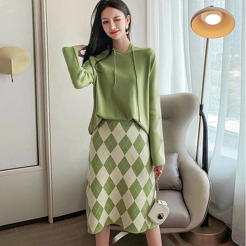 Winter 2 Piece Set Women Knitted Hooded Loose Sweater + Plaid Mini Skirts Sets Autumn Sweater Suit Two Piece Outfits