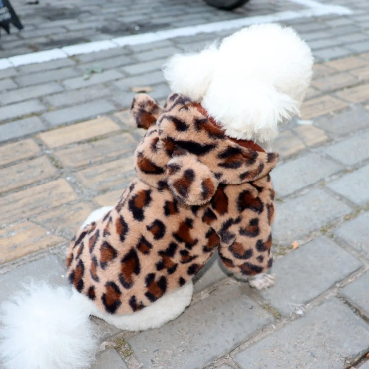 Winter Plush Pet Dog Clothes Leopard Print Pet Hoodies Warm Coat Puppy Jacket French Bulldog Dog Clothing For Small Medium Dogs