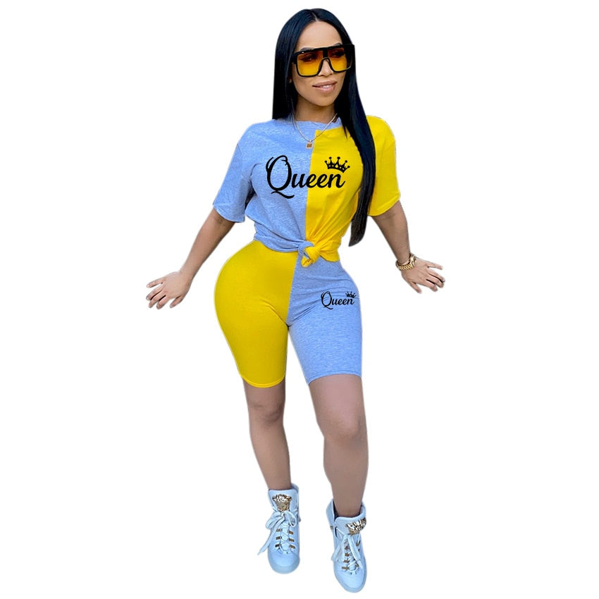 New Summer Fashion Women Stitching Queen Print Tracksuit  2 Piece Set Woman Sports Suit Summer Outfit