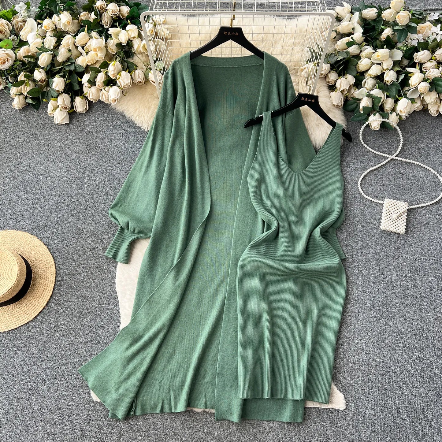 Women Elegant Knit Two Pieces Sets Sweater Long Sleeve Cardigan and Stretch Bodycone Vneck Slip Dress Autumn Winter Pencil Dress