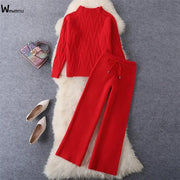 Fall Winter Sweater Outfit Women Chic Stand Neck Warm Knitted Tops and Wide Leg Long Pants Korean Elegant Red 2 Piece Sets