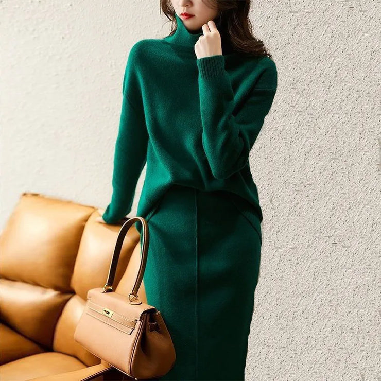 Autumn Knitted suit with skirt long 2023 Korean style two piece set fall outfit Winter Sweater Women Turtleneck Pullover casual