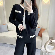 Korean Fashion O-neck Single-breasted Cardigan Women+wide Leg Pants Knitted 2 Piece Sets Womens 2023 Streetwear Loose Pant Suits
