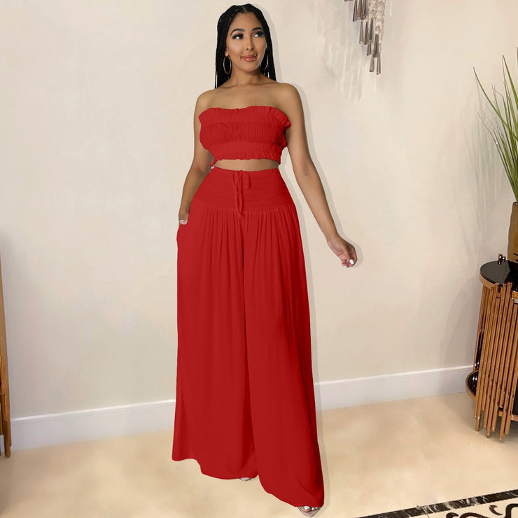 Women&#39;s Vacation 2 Piece Outfits Strapless Tube Crop Top and Wide Leg Loose Pants with Pockets 2023 Fashion Beachwear Tracksuit