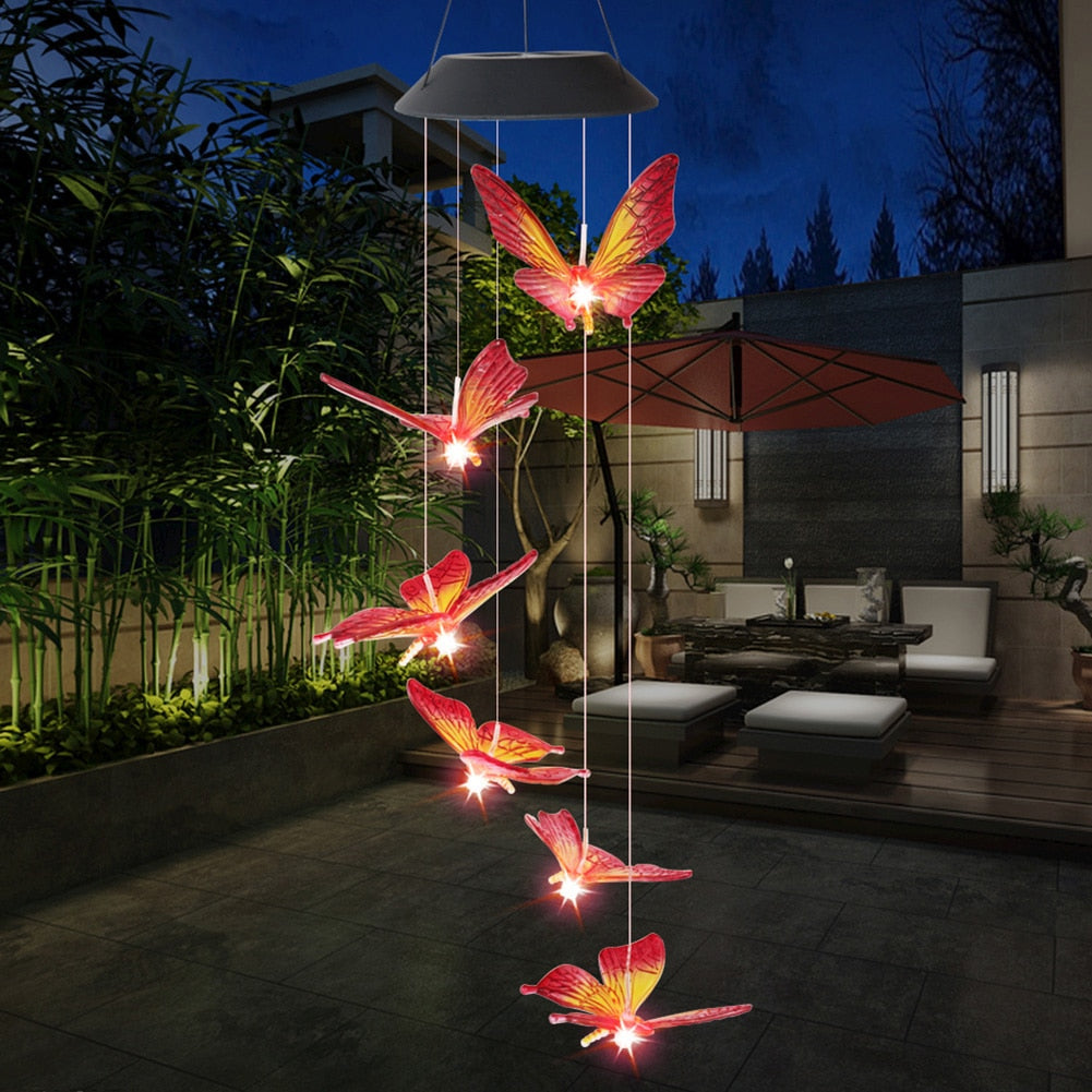 LED Solar Windchime Butterfly Light Color Changing Waterproof Outdoor Windchime Hanging Lamp for Garden Patio Yard Decoration