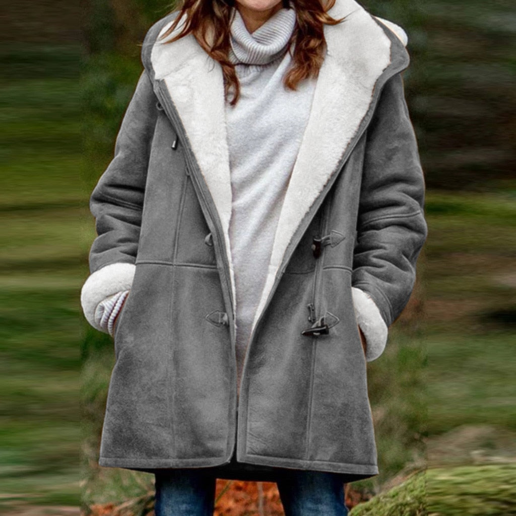 New Warm Outwear Women Winter Plus Size Solid Plus Velvet Coat Long Sleeve Pocket Overcoat Ladies Hooded Coat 2023