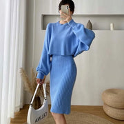 Fall Winter Long Sleeve Korean Knitted Vest Dress Suit Solid O-Neck Sweater Pullover Elegant Sling Dresses Women's 2 Pieces Set