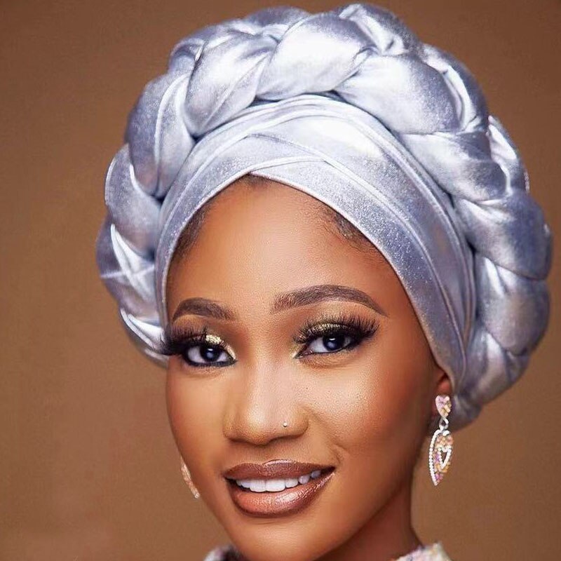 Glitter Metallic Fabric Braids Turban Cap for Women Elegant Pleated African Aso-oke Head Ties Ready Nigeria Auto gele Headwrap