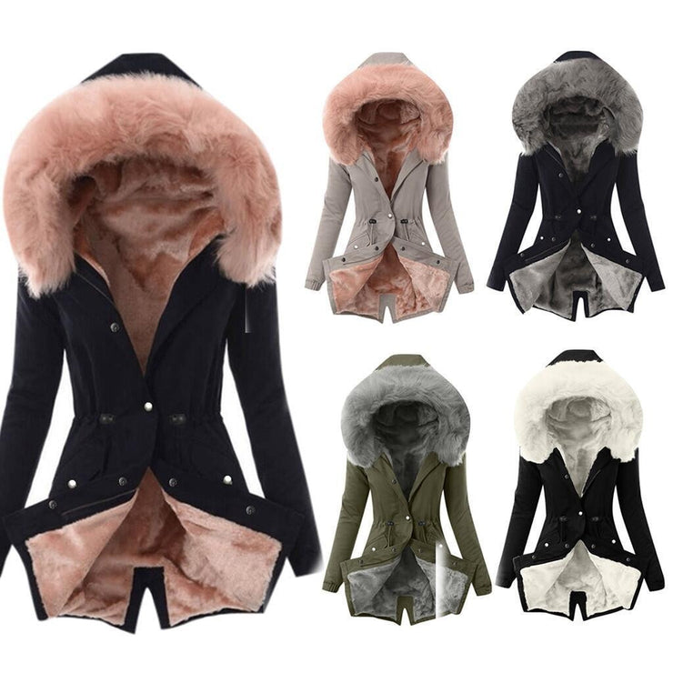 2023 New Fashion Ladies Fur Lining Coat Winter Women Warm Coat Thick Long Jacket Hooded Overcoat Coat Femme Casual Outwear